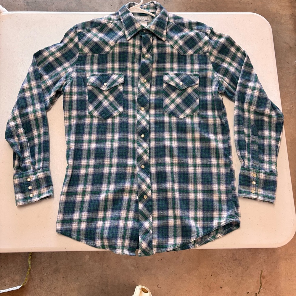 Men's Wrangler Wrancher Green Plaid Shirt Size Medium